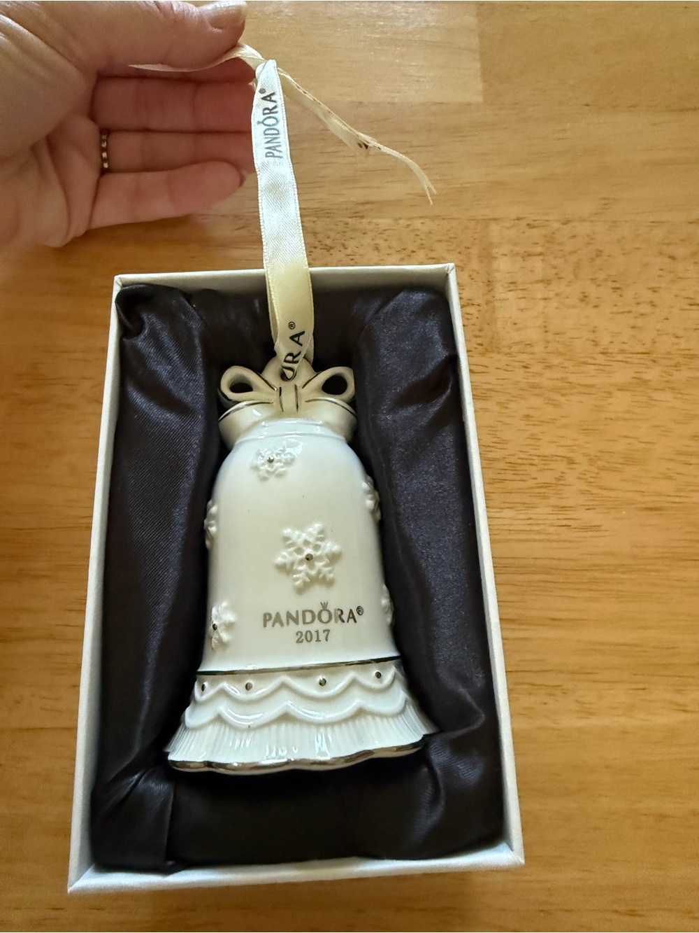 Pandora White Ceramic Bell Ornament with Ribbon